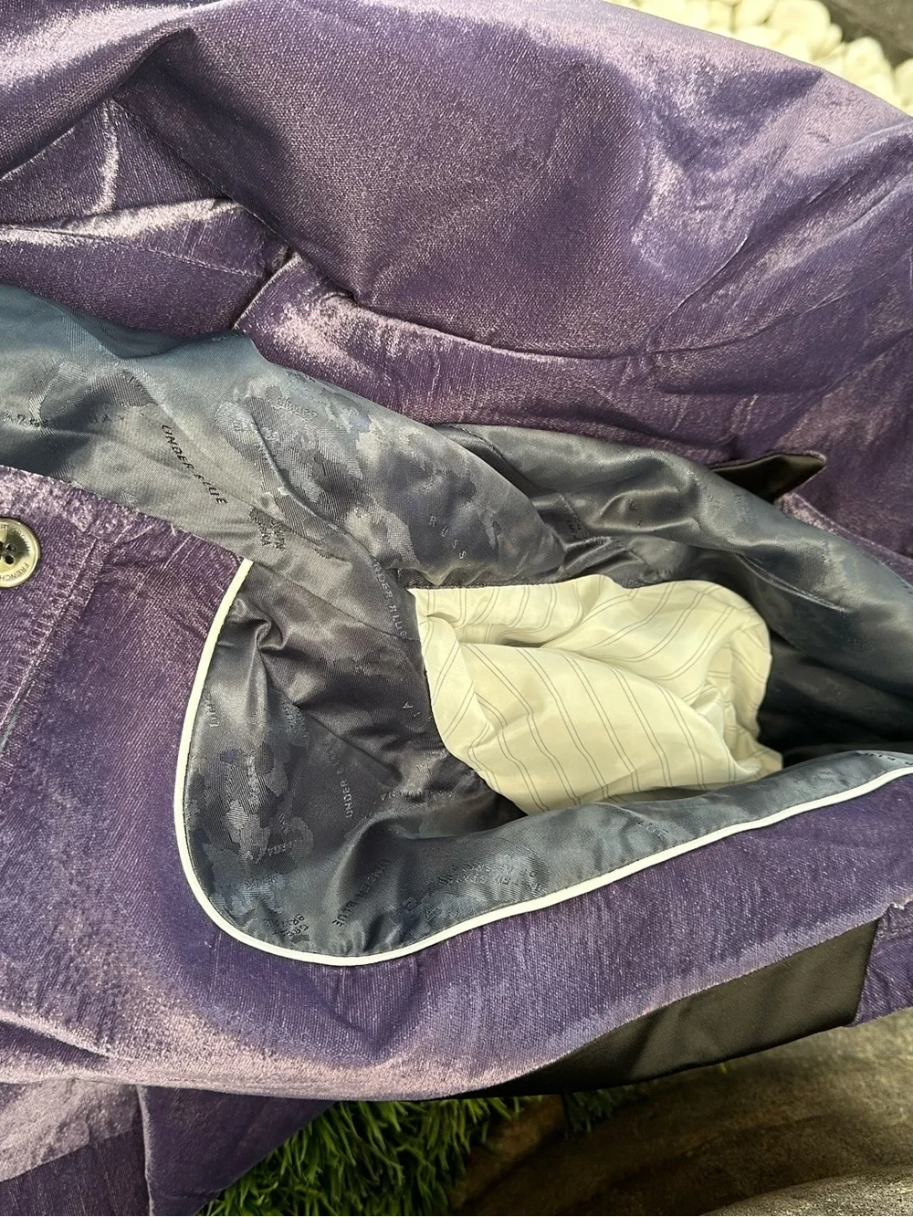 BNWT French Crown Men's Purple Velvet Tuxedo Black Satin jacket 38 pants 32
